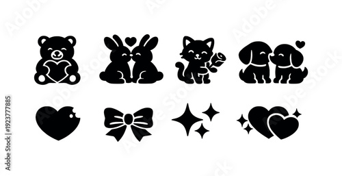 Adorable Valentine animals. Filled icon set of Adorable Valentine animals: smiling bear,