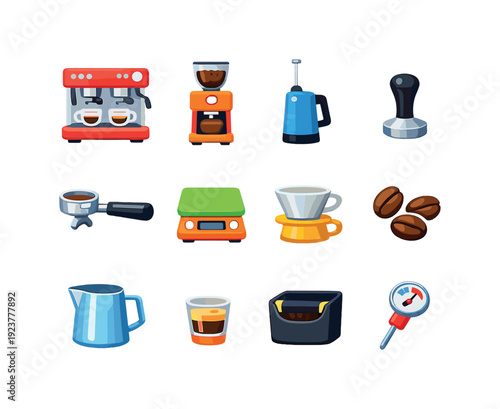 Colorful Barista Icons. Barista tools. Colorful flat vector icons set of barista tools: espresso machine,