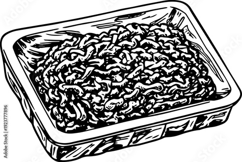 Ground Beef in Styrofoam Tray Monochrome Vector Illustration