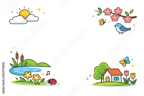 Spring copy space background soft landscape elements placed at the edges with clear white space in the center, symbolizing openness, renewal