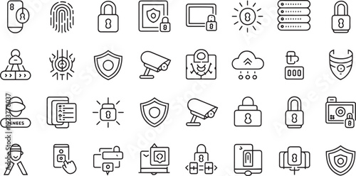 A comprehensive collection of minimalist line art icons representing security and technology concepts isolated on a white background