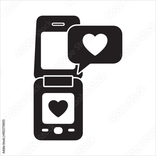Minimalist Flip Phone Icon with Heart Message Notification for Dating App Concept