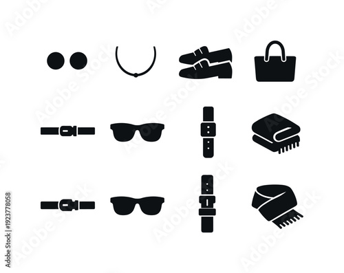 Minimal fashion flat lay. Filled icon set of Minimal fashion flat lay: stud earrings, thin