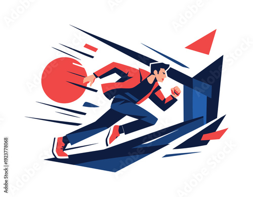 Tension and suspense. Character running through a narrow space, diagonal lines and shadows