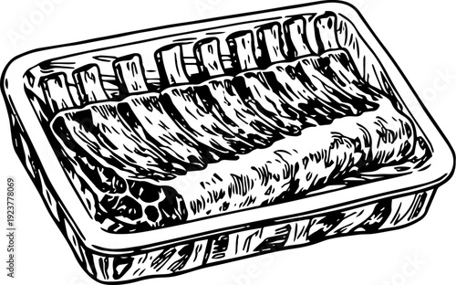 Raw Spare Ribs in Styrofoam Tray Black and White Line Art Vector
