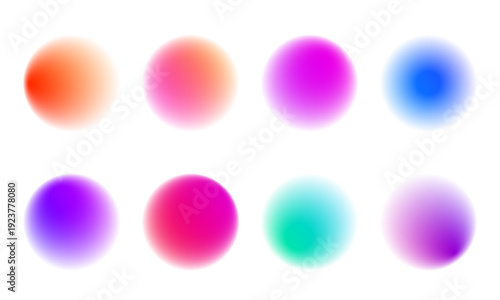 Set of liquid gradient circle forms, color neon hues, glossy blot patterns, smooth blob elements, drop with drifting drops. Round organic shape with colorful highlights. Vector png banner.