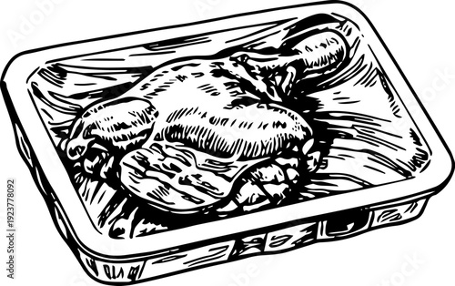 Whole Raw Chicken in Styrofoam Tray Line Art Vector