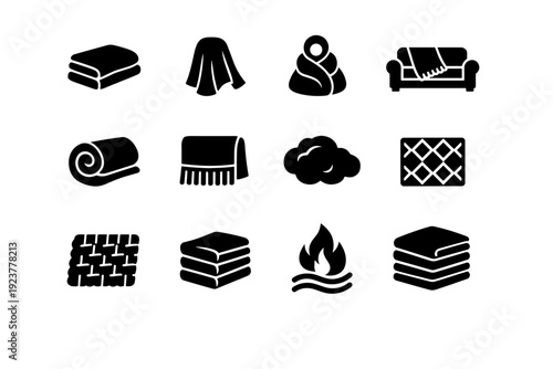 Throw Blanket. Solid icon set of Throw Blanket: folded blanket, draped blanket, cozy throw, blanket on sofa, rolled blanket, fringed edge,