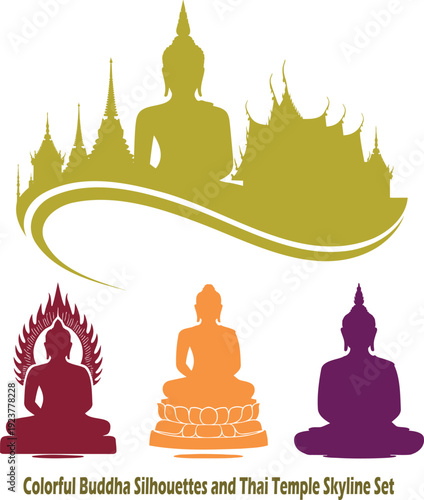 A vibrant set features a golden Thai temple skyline above three colorful Buddha silhouettes in meditation poses