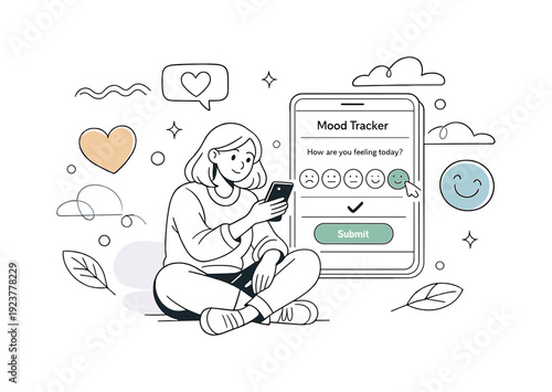 Mood Logging Interface. Mental health tracker UI illustration. Person sitting comfortably while logging mood