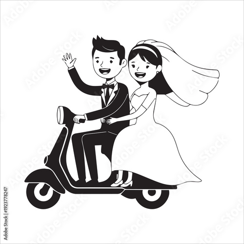 Happy Just Married Wedding Couple Riding a Vintage Scooter Together Illustration
