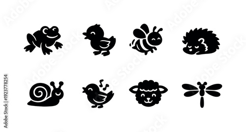 Playful spring animals. Filled icon set of Playful spring animals: hopping frog, cheerful