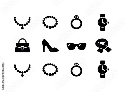 Flat lay fashion accessories. Filled icon set of Flat lay fashion accessories: necklace,