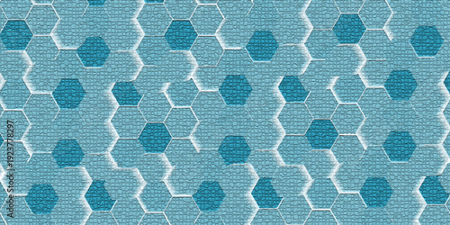 Blue hexagons background pattern on textured metallic surface. Abstract hexagonal honeycomb graphic wallpaper 3D rendering