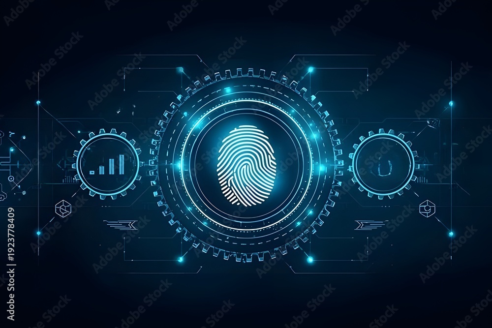 Obraz premium Digital business system strengthens economy through biometric finger print authentication, securing office workflow with advanced gear-driven technology solutions.