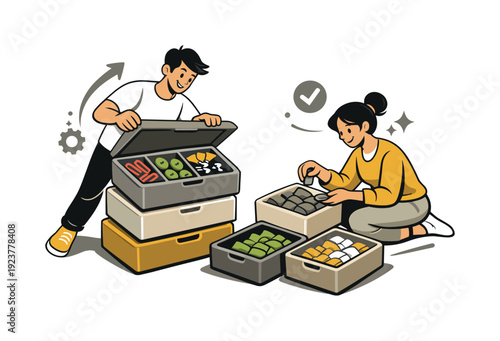 Smart organization. Stackable boxes opening smoothly, small items grouped by color and size.