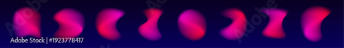 Abstract liquid gradient circle shows neon through bright blot, floating blob, soft drop and pink drops. Violet glow shapes layered form and organic shape. Purple shimmer appears. Vector banner.