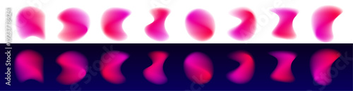 Liquid abstract gradient circle carries neon with translucent blot, glossy blob, drifting drop, pink drops. Purple form and curved shape. Violet glow emerges. Vector png banner.