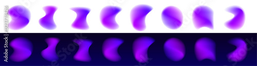 Liquid abstract gradient circle glows with neon, soft blot drops spread across smooth surface. Violet tones shimmer through flowing form, rounded shape. Purple highlights. Vector png banner element.