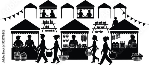 Black silhouettes of various market stalls with vendors and customers shopping outdoors