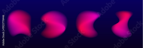 Abstract liquid gradient circle shows neon through bright blot, floating blob, soft drop and pink drops. Violet glow shapes layered form and organic shape. Purple shimmer appears. Vector banner.