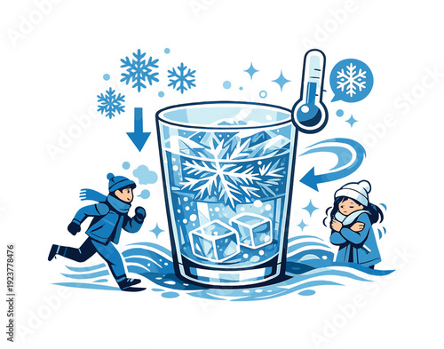 Freezing point. Glass of water slowly turning into ice, crystalline patterns forming inside.