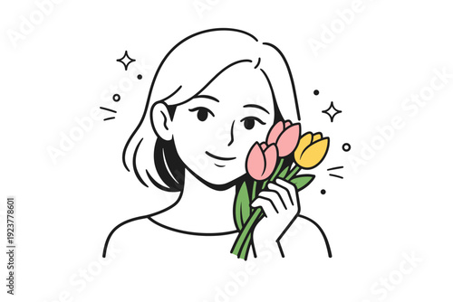 Close-up portraits with tulips. Face shown from shoulders up, tulips positioned beside the cheek. Quiet beauty, natural closeness, soft floral