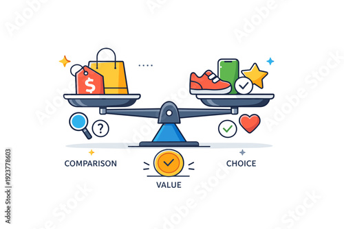 Consumer behavior decision making process shown by a balance scale with price tags and product icons, conveying comparison, value perception