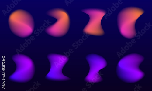 Set of abstract liquid gradient circle shapes, pink neon colors blur, soft blot texture, fluid blob form, floating drop and drops. Smooth organic shape, purple color accents. Vector banner. 
