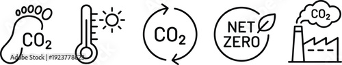 Climate Change and Carbon Emission Line Icon Set with CO2 Footprint Net Zero Temperature and Industrial Pollution Symbols