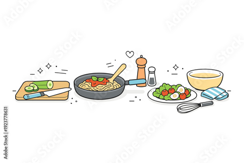 Pause after action. A kitchen counter with cooking tools set down, food already prepared, and no person visible. The scene captures a moment of breath between