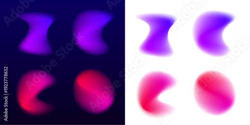 Collection of liquid abstract gradient circle elements, neon pink colors, glossy blot surface, rounded blob form, drifting drop and drops. Soft smooth shape with purple tones. Vector png banner.