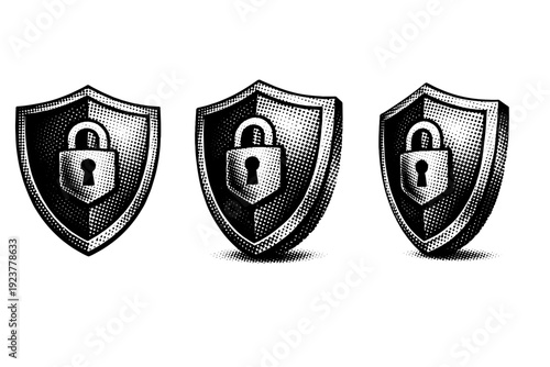 Cybersecurity shield digital defense emblem. Black and white dot style with halftone texture and high contrast. Halftone texture with partial