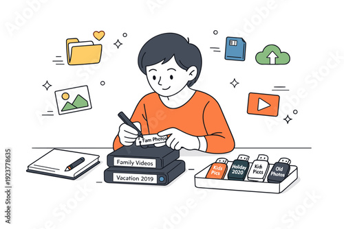 Archival organization. A person labeling USB drives and hard drives with family memories, small floating storage and folder icons, calm and