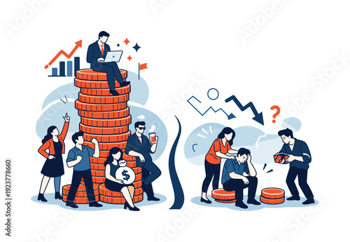 Wealth gap visualization. Tall stacks of coins beside nearly empty ones, human figures