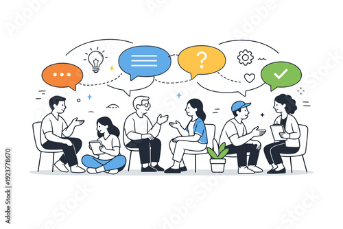 Public forums. People calmly exchanging messages in an open discussion space, speech bubbles connecting different participants. Scene shows