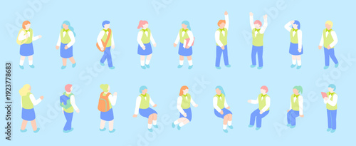 制服を着た男女の学生アイソメトリックイラストセット