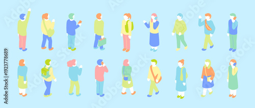 アイソメトリックの人物イラストセット。歩く、挨拶する、電話をかける、立ち止まるキャラクター。