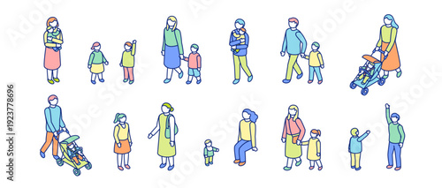 アイソメトリックの人物イラストセット。子育てをしている父親と母親。手を繋いで散歩散歩する親子。親と子供のさまざまなシチュエーション。