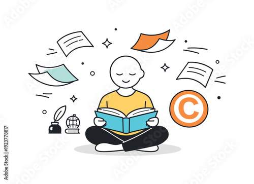 World Book and Copyright Day scene. A minimalist character sitting calmly with an open book, surrounded by floating abstract book pages and a