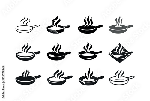 Collection of cooking pan icons with steam, representing hot food preparation and culinary concepts