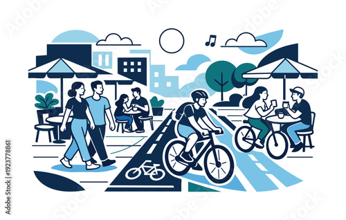 Pedestrian-friendly city street. Close-up view of a lively street with wide sidewalks, bike