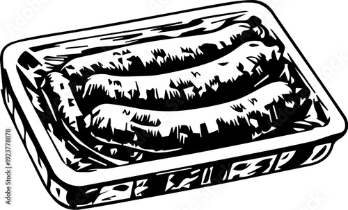 Raw Sausages in Styrofoam Tray Line Art Vector Illustration