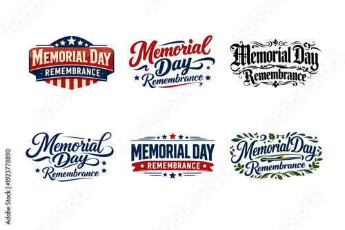Memorial Day Remembrance. Set lettering. harmonious lettering variations of the same emblematic concept, each with different artistic