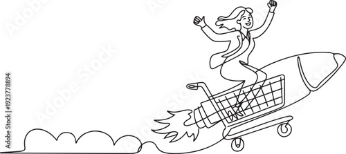 Single continuous line drawing businesswoman riding trolley cart rocket flying in the sky. Happy female or buyer shopping in department store, supermarket. one line Icon drawing