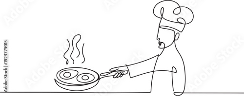 Single line drawing of a man cooking organic omega 3 eggs in a pan, honoring National Egg Day in a culinary concept with food theme. one line Icon drawing