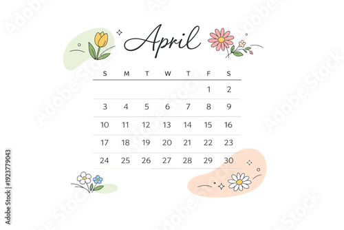 Spring calendar theme. A minimal calendar layout with flowers, buds, and soft organic shapes integrated into the grid. Fresh and optimistic seasonal feeling