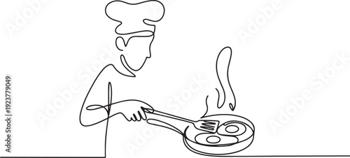 Single line drawing of a man cooking organic omega 3 eggs in a pan, honoring National Egg Day in a culinary concept with food theme. one line Icon drawing