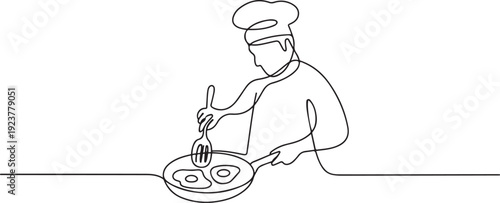 Single line drawing of a man cooking organic omega 3 eggs in a pan, honoring National Egg Day in a culinary concept with food theme. one line Icon drawing