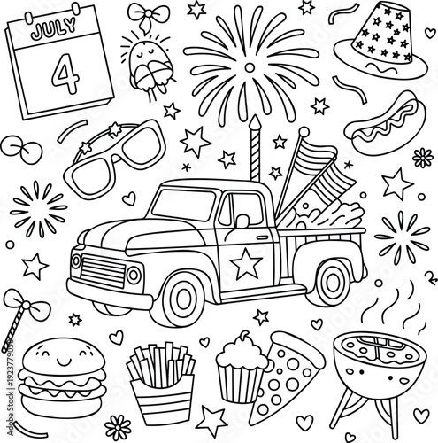 Cute doodle drawings celebrating the Fourth of July holiday with classic American symbols and summer food items